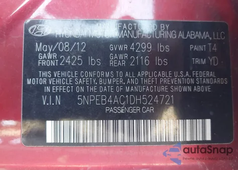 2013 Hyundai Sonata Gls из США, поврежденный, VIN 5NPEB4AC1DH524721